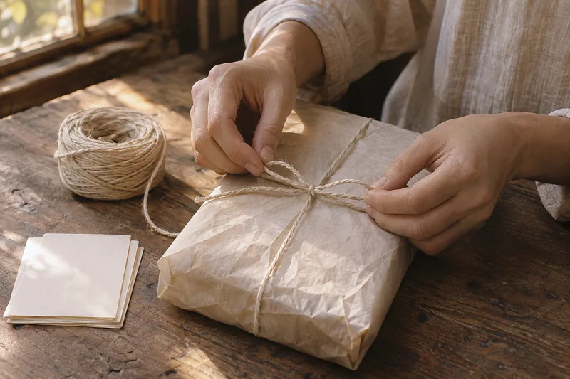 A woman’s hands tying cotton twine around a parcel of cream tissue on a worn wooden counter