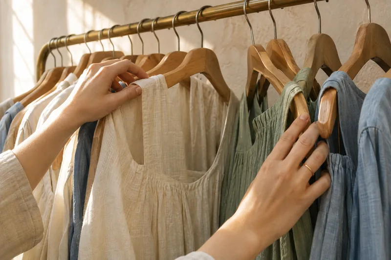A woman’s hands sliding wooden hangers along a brass rail, choosing a linen dress