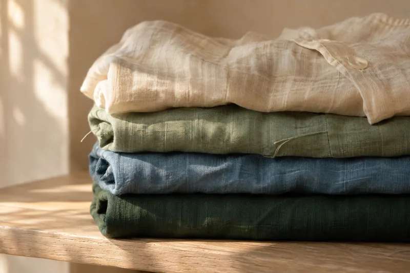 A stack of folded linen in ivory, sage, faded blue and deep green on an oak shelf
