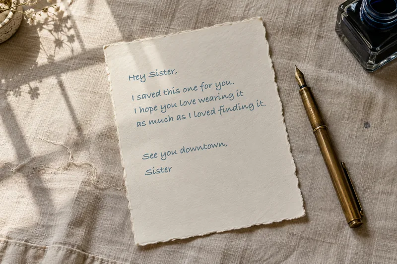 A sheet of cream paper with See you downtown handwritten in blue ink, a brass fountain pen beside it