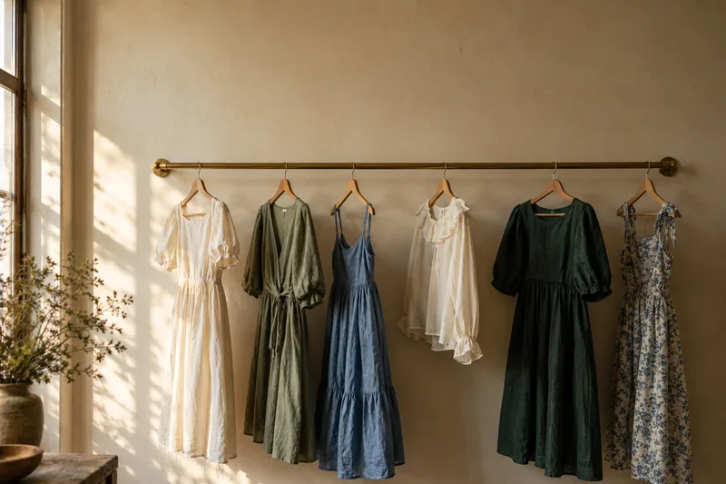 A rail of linen dresses against a warm plaster wall