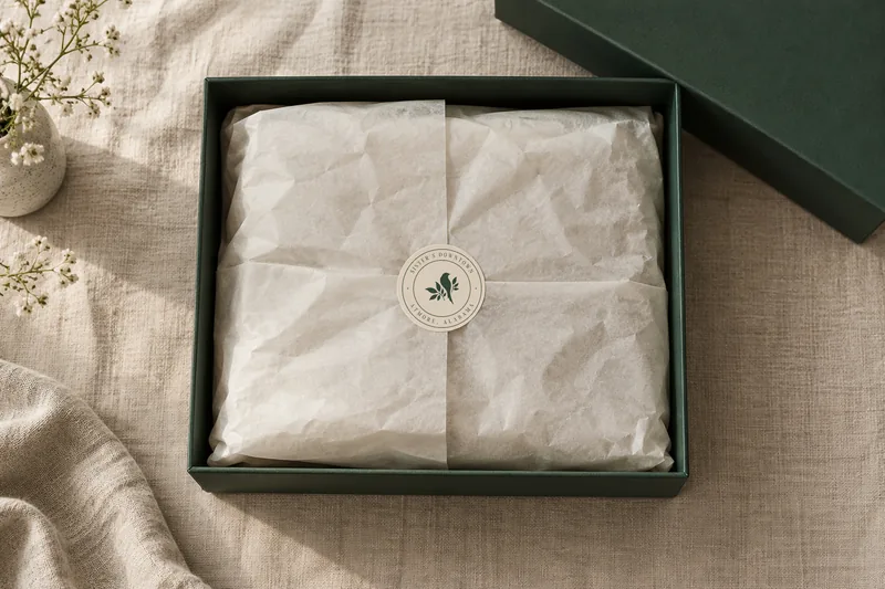 Folded tissue paper in a green box, closed with a round cream emblem sticker